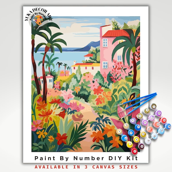 Kit de PEINTURE par NUMÉRO Adulte, maison méditerranéen Paysage luxuriant Peinture DIY minimaliste Facile pour débutants Kit de peinture acrylique Décoration haut de gamme Cadeau