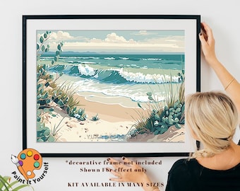 May include: Paint by numbers kit featuring a seascape with a sandy beach, blue ocean waves, and green foliage. The kit is available in many sizes. *decorative frame not included Shown For effect only