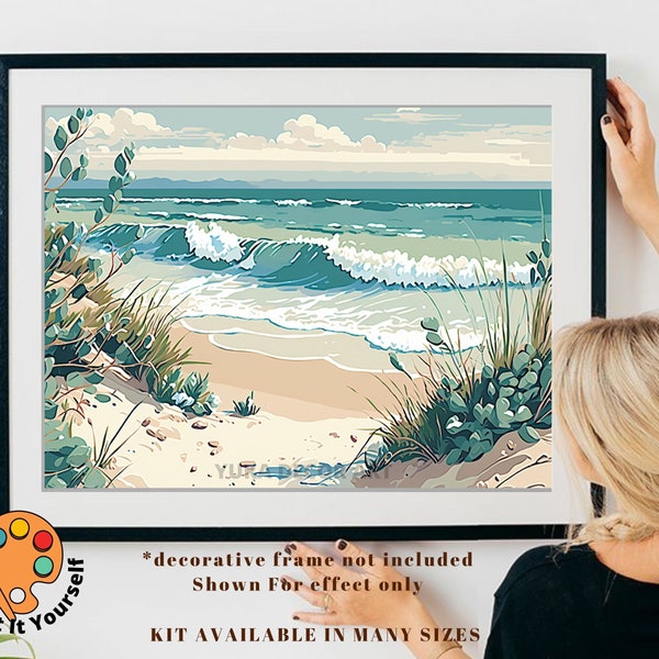 Sand Beach PAINT by NUMBERS Kit for Adult & Kids, Seashore Waves Beach DIY Painting , Easy Beginner Acrylic Painting Kit,Home Decor Gift