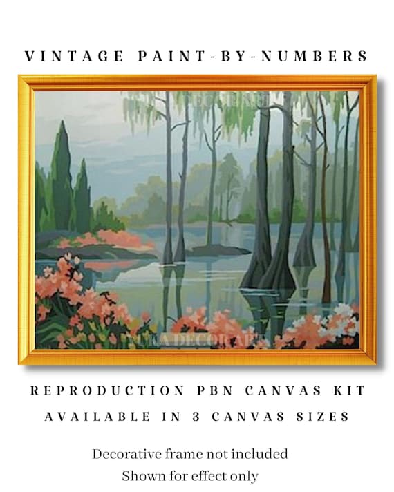 Vintage PAINT by NUMBER Kit Adult, Lakeside Scene , Forest Mist Pink  Flowers, Easy Beginner Acrylic Painting DIY Kit,vintage Decor Gift -   Canada