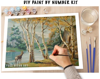 Birch Trees PAINT by NUMBER Kit  Adult , Deer In Forest Lake Vintage Style DIY Art , Easy Acrylic Painting Kit,Vintage Decor Gift