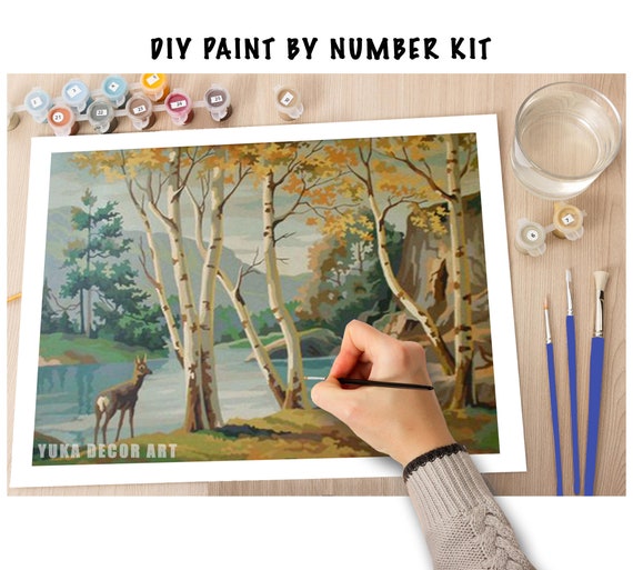 Birch Trees PAINT by NUMBER Kit Adult , Deer in Forest Lake