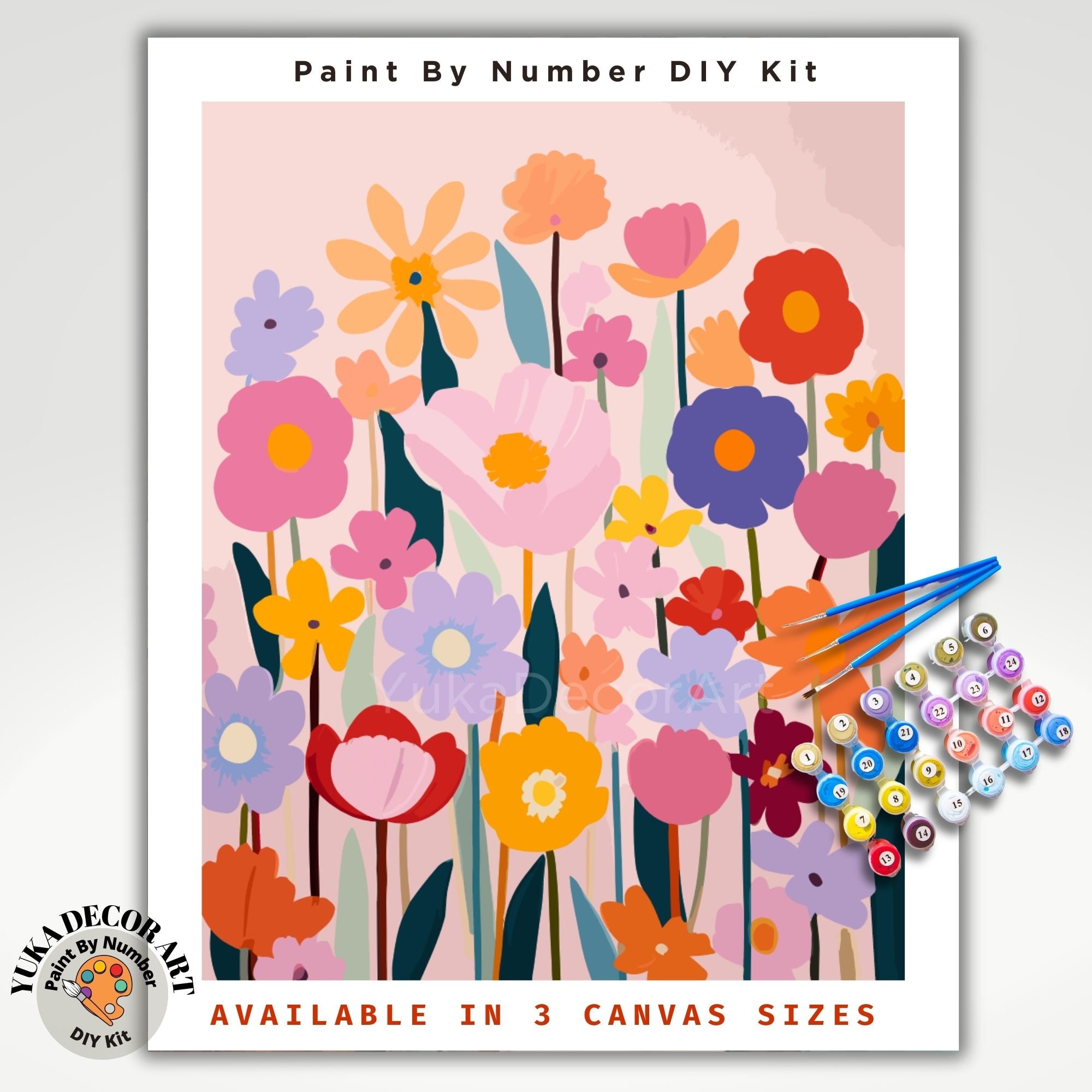 DIY Premium Paint By Numbers Kit Wild Flowers with Canvas and Brushes  Included