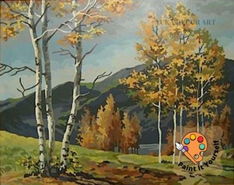 May include: A painting of a fall landscape with three birch trees in the foreground and a mountain range in the background. The trees have white bark and yellow leaves. The mountain range is a dark blue color. The painting is titled "Paint It Yourself" and has a paint palette with a paintbrush in the lower right corner.