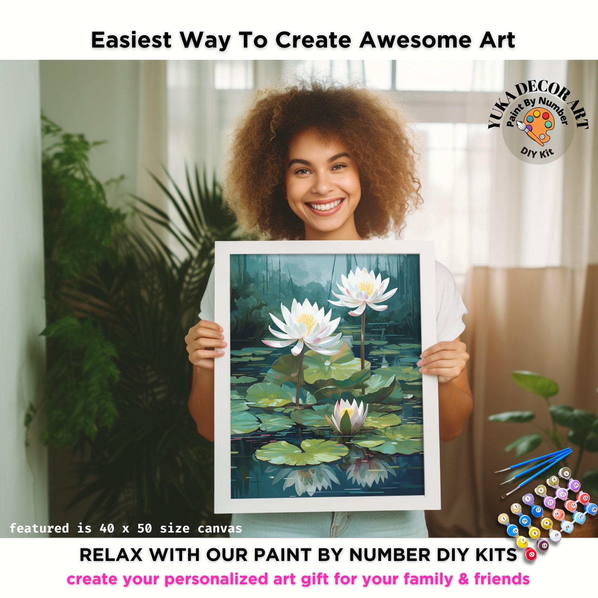 Floral PAINT by NUMBER Kit Adult white Lilies Lake Flowers DIY Painting ...