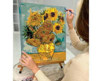 DIY PAINT by NUMBER Kit ,Van Gogh Sunflowers vase, Blue Irises ,Adults & Kids Beginner's Acrylic Painting ,Wall Art Gift