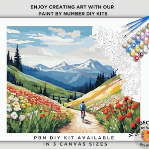 Mountain PAINT by NUMBER Kit for Adults , Cyclist Biking and Floral Trail  |  Beginner Friendly DIY Art Birthday Gift for Mom Sister Friend