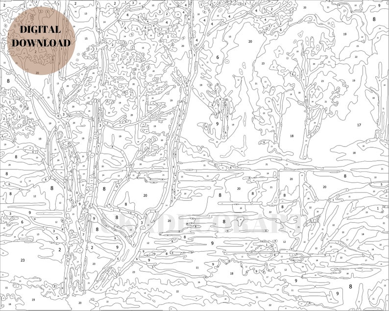 Blue Stream Forest - DIY Nature Vintage Style Art PAINT by NUMBER Digital Download Kit ( No Physical Item shipped ) - Print And Paint Set image 4