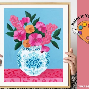 PAINT by NUMBER Kit Adult & Kids, Pink Flowers In Vase , Still Life Minimalist Art,Easy DIY Beginners Acrylic Paint Kit , Home Decor Gift