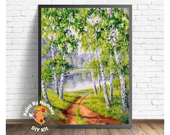 Kit de peinture par numéro Forest Stream pour adulte, oeuvre d'art scénique nature à faire soi-même, kit de peinture acrylique facile pour débutant, cadeau de décoration intérieure pour maman