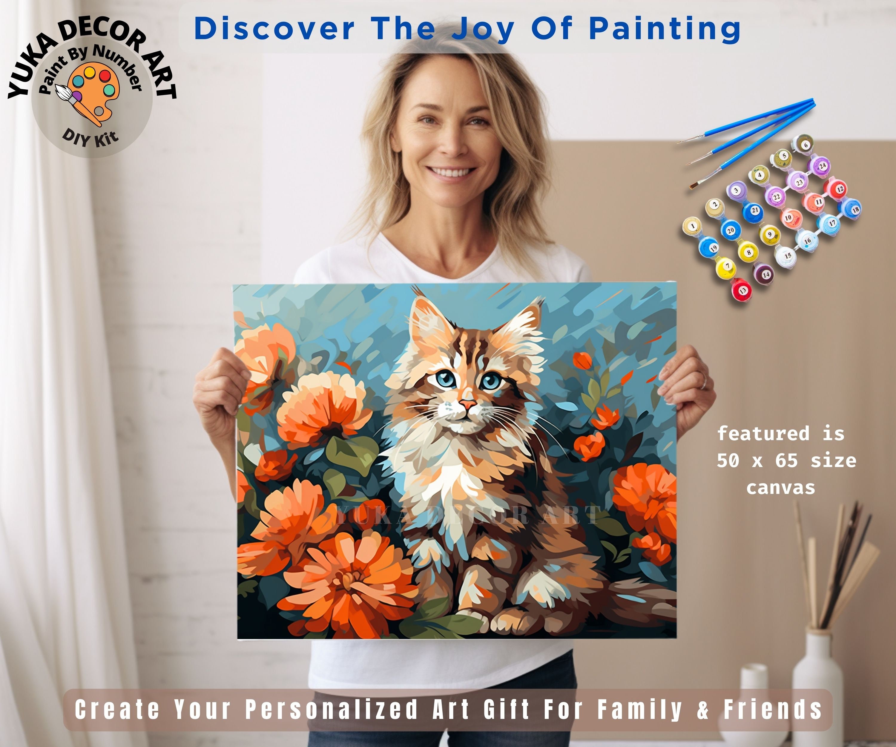 Cute Cat PAINT by NUMBER Kit Adult DIY Pet Portrait Vibrant Flowers ...