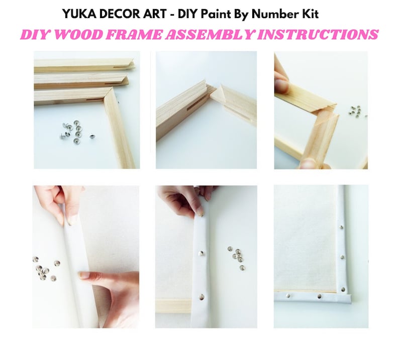 Peut inclure: Instructions pour assembler un cadre en bois DIY pour un kit de peinture par num&eacute;ros. L'image montre six &eacute;tapes&nbsp;: assembler le cadre, fixer la toile au cadre et la fixer avec des punaises.