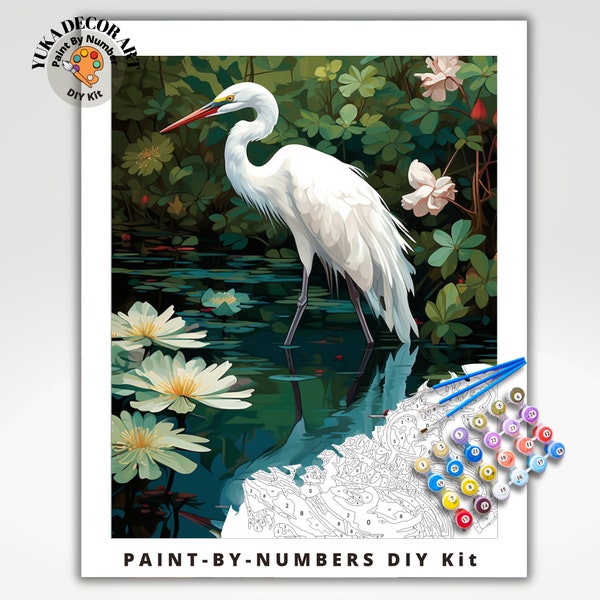 Kit de peinture à numéros pour adultes oiseaux blancs dans des fleurs de nénuphars, peinture à faire soi-même facile pour débutants, kit de peinture amateur de jardin, cadeau pour maman, pendaison de crémaillère