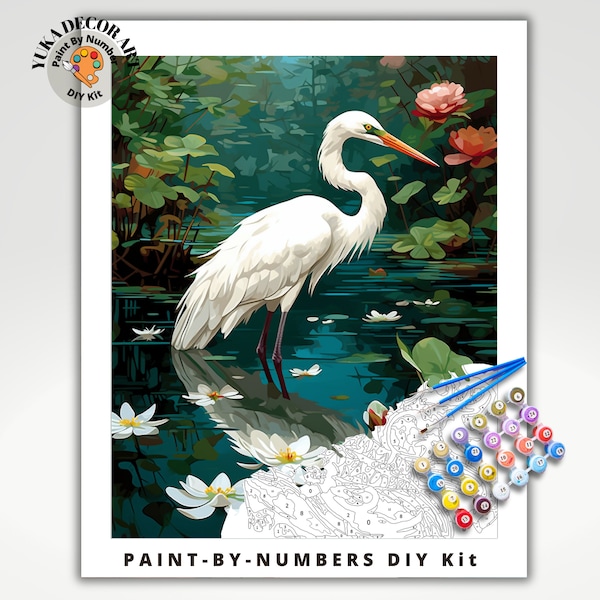 Kit de peinture par numéro de style vintage pour adultes, oiseau blanc dans des fleurs de nénuphars, peinture à monter soi-même, kit de peinture facile pour débutants, cadeau pour amoureux, petite amie