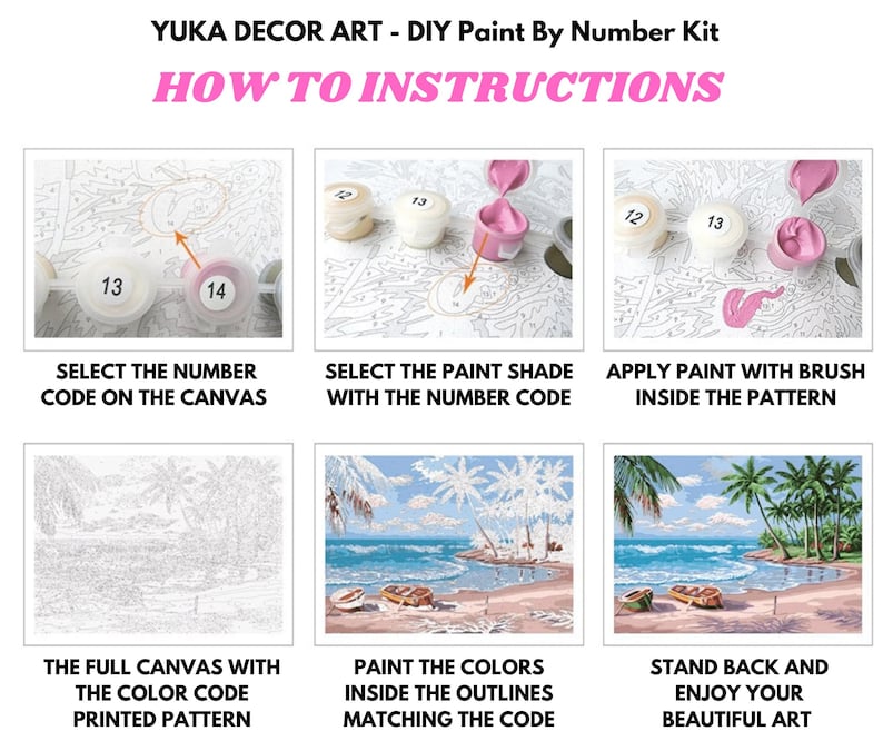 Peut inclure: Un kit de peinture par num&eacute;ros &agrave; faire soi-m&ecirc;me avec des instructions. L'image montre les &eacute;tapes : s&eacute;lectionner le code num&eacute;rique sur la toile, s&eacute;lectionner la nuance de peinture, appliquer la peinture au pinceau et peindre les couleurs &agrave; l'int&eacute;rieur des contours. La derni&egrave;re &eacute;tape consiste &agrave; appr&eacute;cier l'art.