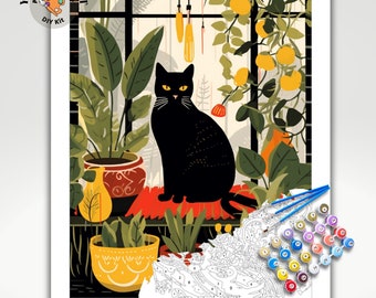 May include: Paint-by-numbers DIY kit featuring a black cat sitting in a windowsill surrounded by potted plants. The kit includes numbered paint pots and brushes.