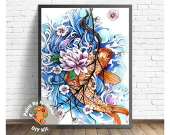 Koi Fish PAINT by NUMBER Kit for Adults , Lotus Flowers In Lake , Easy DIY Beginners Acrylic Paint Kit ,Living Bedroom Wall Art Decor Gift