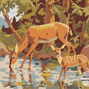 Deers In Forest - DIY Nature Vintage Style Art - PAINT by NUMBER Digital Download Kit ( No Physical Item shipped ) - Print And Paint Set image 4