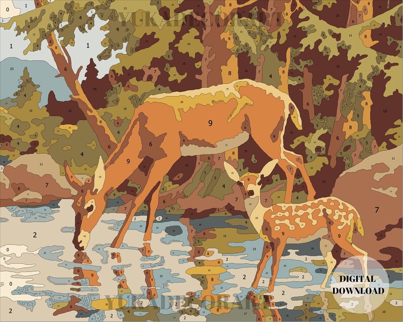 Deers In Forest - DIY Nature Vintage Style Art - PAINT by NUMBER Digital Download Kit ( No Physical Item shipped ) - Print And Paint Set image 4