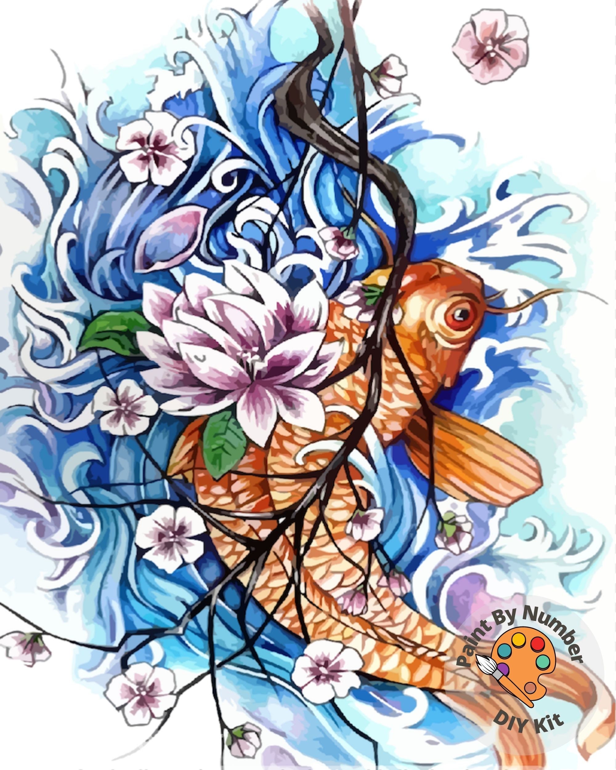 Koi Fish PAINT by NUMBER Kit Adults , White Lotus Plant in Lake