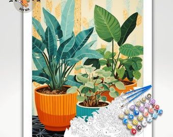 May include: Paint-by-numbers DIY kit featuring three potted plants. The plants are a large green plant with wide leaves, a smaller green plant with round leaves, and a plant with long, narrow leaves. The pots are orange, blue, and brown. The kit includes a paint palette with numbered paint pots and brushes.