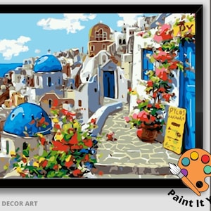 Greece PAINT by NUMBER Kit for Adults  Beginner,DIY Art Kit, Santorini Holiday, Blue Domes ,Acrylic Painting Kit , Wall Art Decor