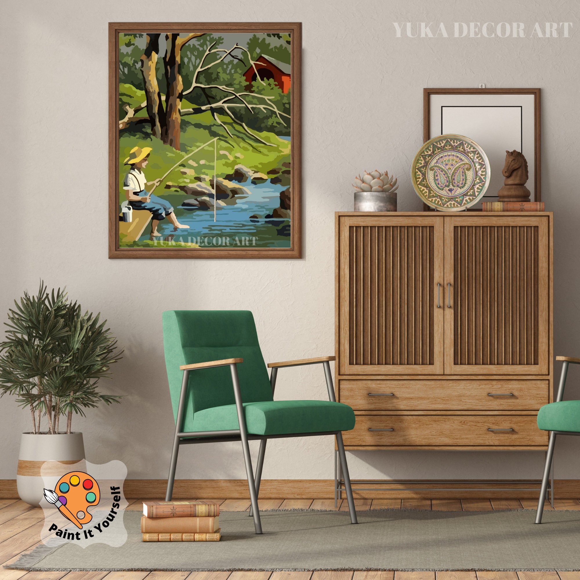 ヴィンテージ！レア! 3D paint by numbers kits Vintage PAINT by NUMBERS for Adult, Boy Fishing in Stream