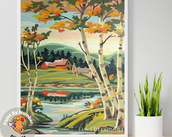 Kit de peinture vintage PAINT by NUMBER pour adulte, nature, paysage, cabane de montagne, kit de peinture acrylique facile pour débutant, décoration d'intérieur, cadeau grand-mère papa