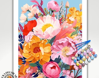 May include: Paint by number DIY kit featuring a colorful bouquet of flowers in shades of pink, yellow, red, and white. The kit includes paints, brushes, and a canvas.