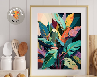 Tropical Leaves PAINT by NUMBER Kit for Adults ,Colorful Foliage Painting,Easy Adult Hobby DIY Kit ,Canvas Wall Art Decor