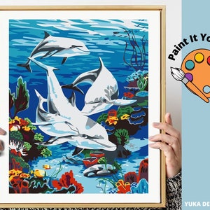 Delfin PAINT by NUMBER Kit für Kinder, Delfine im Meer spielen, einfaches DIY Anfänger Acrylfarben Kit, Kinderzimmer Schlafzimmer Wand Kunst Dekor Geschenk