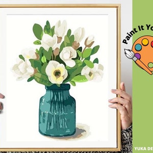PAINT by NUMBER Kit Adult & Kids Pink Flowers In Vase Still Life Minimalist Art Easy DIY Acrylic Paint Kit Home Decor Gift