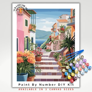 PAINT by NUMBER Kit Adult , Pink Houses Mediterranean Art Minimalistic Chic Style DIY Painting Easy Acrylic Paint Kit Premium Decor Mom Gift