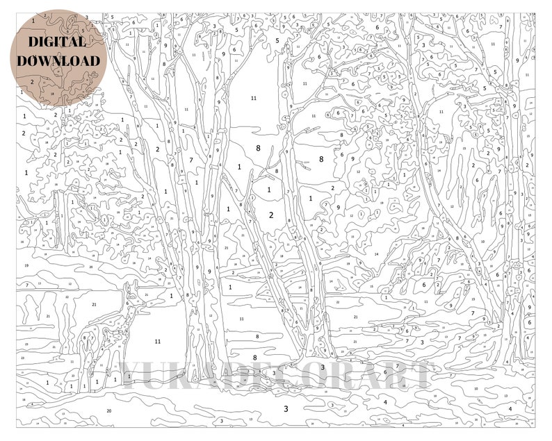 PBN DIGITAL DOWNLOAD Forest Deer Mountain Lake Vintage Style Art - ( No Physical Item shipped ) - Print And Paint Set image 4