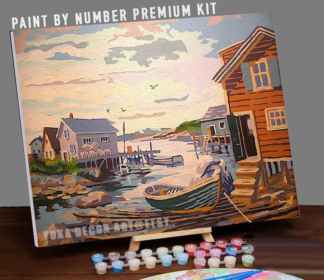 Vintage Style PAINT by NUMBER Kit for Adult DIY Boat Dock Painting Easy for Beginners Acrylic