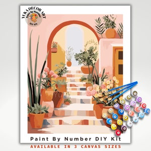 PAINT by NUMBER Kit Adult , Mediterranean Landscape Minimalistic Bohemian Style DIY Painting Beginners Acrylic Paint Kit Premium Decor Gift