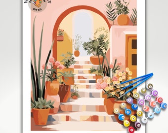 May include: Paint by number DIY kit featuring a colorful illustration of a courtyard with an archway, stairs, and potted plants. The kit includes paintbrushes and numbered paint pots.