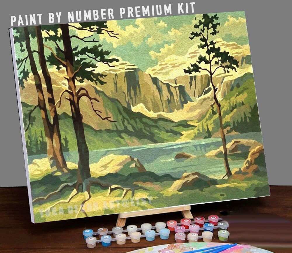 Valley Lake Vintage Style PAINT by NUMBER Kit Adult, Snow Mountain