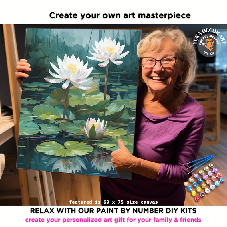 Floral PAINT by NUMBER Kit Adult white Lilies Lake Flowers DIY Painting ...