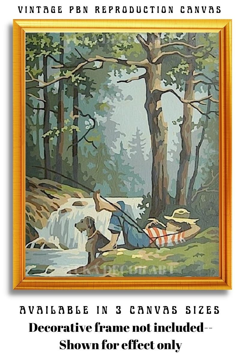 Vintage PAINT by NUMBERS for Adult, Boy Fishing in Stream, Easy