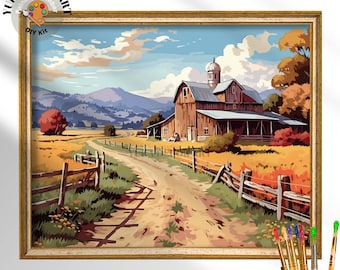 May include: A framed paint-by-numbers kit featuring a rural landscape with a barn, dirt road, and fence. The artwork is in warm tones of brown, yellow, and blue. Text on the image reads "AVAILABLE IN 3 CANVAS SIZES". Decorative frame not included.