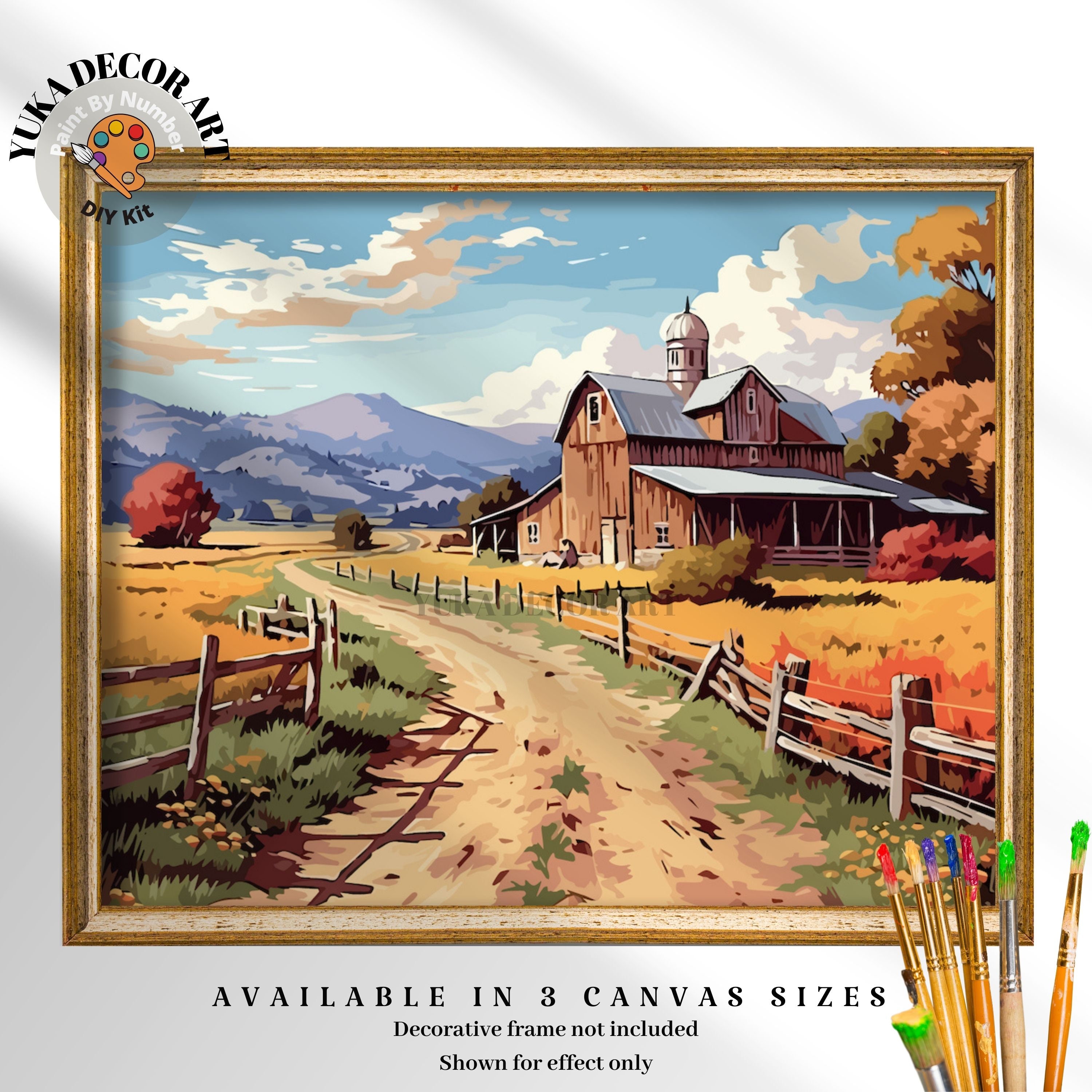 Countryside Barn PAINT by NUMBER DIY Kit for Adult , Vintage Landscape ,  Easy Beginner Acrylic Painting Kit , Midcentury Kitsch Decor Gift 