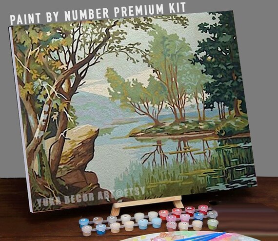 Vintage Style PAINT by NUMBER Kit Adult, Forest Valley Lake, Mist