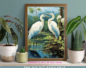 Vintage Style PAINT by NUMBERS Adult DIY Kit White Heron Birds In Lake Flowers Beginner Acrylic Painting Kit Decor Gift For Grandpa Grandma