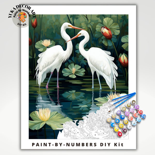 Kit de peinture par numéro de style vintage pour adultes, oiseaux blancs dans des fleurs de nénuphars, peinture à monter soi-même, kit de peinture facile pour débutants amateur de jardin, cadeau d'art