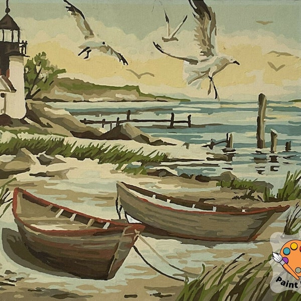 Vintage Style PAINT by NUMBER Kit for Adult , DIY Flying Seagulls Painting , Easy Beginner Acrylic Painting ,Vintage Decor Gift