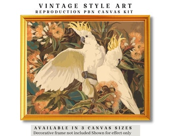 Cacatúas blancas en un jardín tropical. PINTAR POR NÚMEROS. Kit de pintura premium para adultos, estilo vintage, fácil de pintar para principiantes. Regalo.