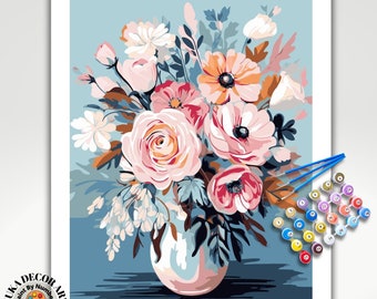 Still Life PAINT by NUMBER DIY Kit Adults Vase Of Flowers Traditional Pink FlowerPainting Easy Beginners Painting Kit Decor