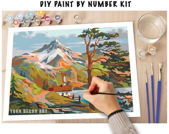 Kit montagne PEINTURE par NUMÉRO pour adultes et enfants, bricolage nature art de style vintage, kit de peinture acrylique facile pour débutant, cadeau décoration d'intérieur