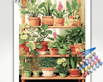 PAINT by NUMBER Kit für Erwachsene Pflanzen Minimalist GreenHouse Dekor Druck DIY Malerei einfach Anfänger Kit Pflanzenliebhaber Geschenk